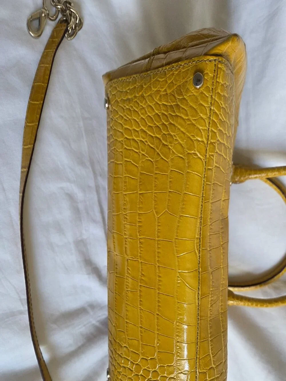 VINTAGE Kate Spade Mustard Yellow Patent Leather Crocodile Embossed Satchel